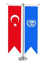Masa Üstü Kırlangıç Birleşmiş Milletler + Türk Bayrağı + Krom T Direk Masa Bayrak Seti