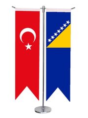 Masa Üstü Kırlangıç Bosna Hersek + Türk Bayrağı + Krom T Direk Masa Bayrak Seti