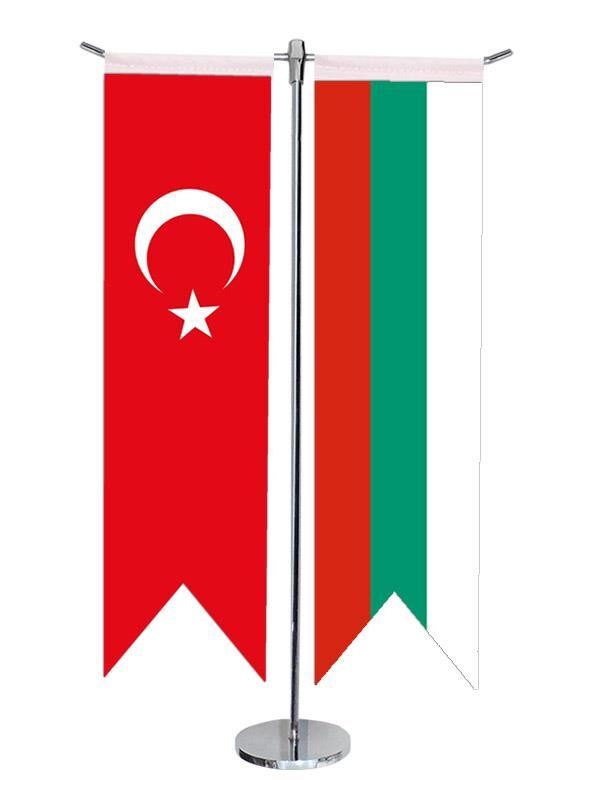 Masa Üstü Kırlangıç Bulgaristan + Türk Bayrağı + Krom T Direk Masa Bayrak Seti