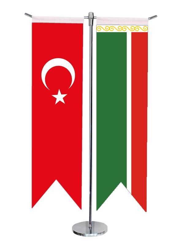 Masa Üstü Kırlangıç Çeçenistan + Türk Bayrağı + Krom T Direk Masa Bayrak Seti