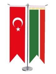 Masa Üstü Kırlangıç Çeçenistan + Türk Bayrağı + Krom T Direk Masa Bayrak Seti