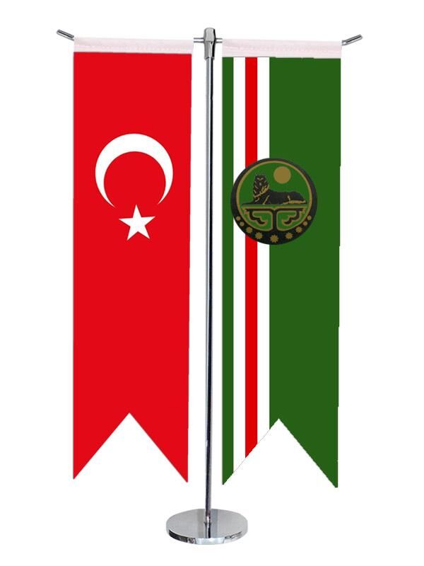 Masa Üstü Kırlangıç Çeçenistan İçkerya + Türk Bayrağı + Krom T Direk Masa Bayrak Seti