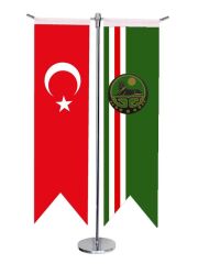 Masa Üstü Kırlangıç Çeçenistan İçkerya + Türk Bayrağı + Krom T Direk Masa Bayrak Seti