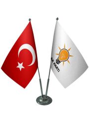 Masa Üstü AK Parti Bayrağı Türk Bayrağı İkili Krom Direk Masa Bayrak Seti
