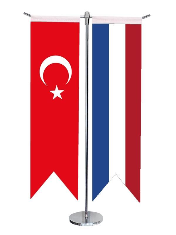 Masa Üstü Kırlangıç Fransa + Türk Bayrağı + Krom T Direk Masa Bayrak Seti