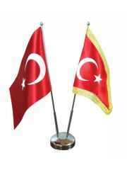 Masa Üstü Türk Bayrağı Biri Simli + İkili Krom Direk Masa Bayrak Seti