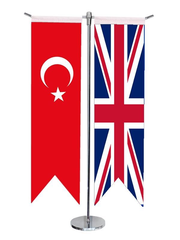 Masa Üstü Kırlangıç İngiltere + Türk Bayrağı + Krom T Direk Masa Bayrak Seti