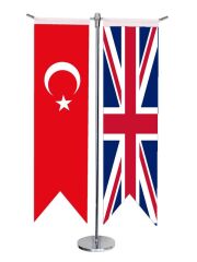 Masa Üstü Kırlangıç İngiltere + Türk Bayrağı + Krom T Direk Masa Bayrak Seti