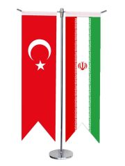 Masa Üstü Kırlangıç İran + Türk Bayrağı + Krom T Direk Masa Bayrak Seti