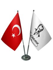 Masa Üstü Atatürk İmzalı Bayrağı Türk Bayrağı İkili Krom Direk Masa Bayrak Seti