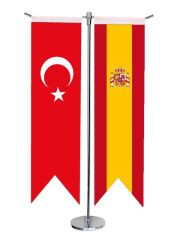 Masa Üstü Kırlangıç İspanya + Türk Bayrağı + Krom T Direk Masa Bayrak Seti