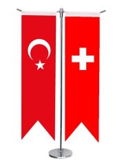 Masa Üstü Kırlangıç İsviçre + Türk Bayrağı + Krom T Direk Masa Bayrak Seti