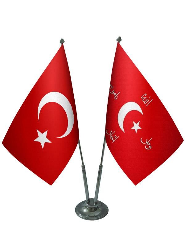 Masa Üstü İttihat ve Terakki Bayrağı Türk Bayrağı İkili Krom Direk Masa Bayrak Seti