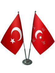 Masa Üstü İttihat ve Terakki Bayrağı Türk Bayrağı İkili Krom Direk Masa Bayrak Seti