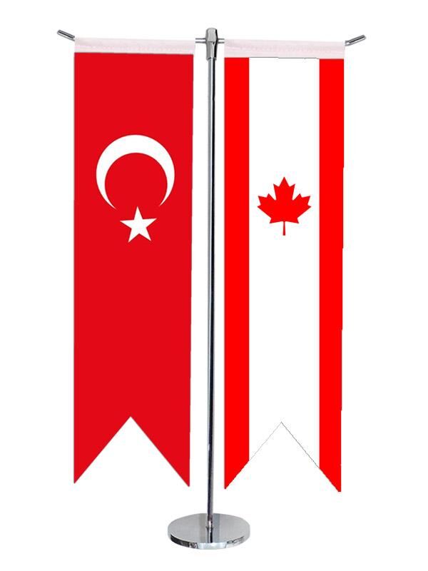 Masa Üstü Kırlangıç Kanada + Türk Bayrağı + Krom T Direk Masa Bayrak Seti