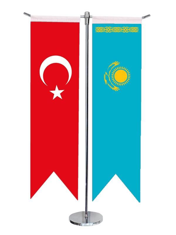 Masa Üstü Kırlangıç Kazakistan + Türk Bayrağı + Krom T Direk Masa Bayrak Seti