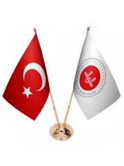 Masa Üstü Diyanet İşleri Bayrağı Türk Bayrağı İkili Pirinç Direk Masa Bayrak Seti
