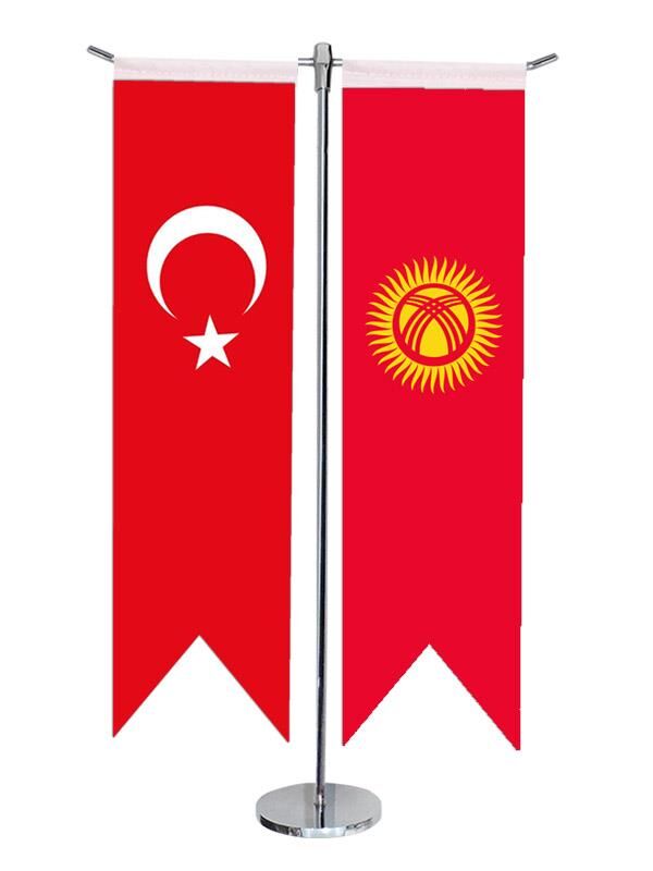 Masa Üstü Kırlangıç Kırgızistan + Türk Bayrağı + Krom T Direk Masa Bayrak Seti