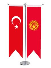 Masa Üstü Kırlangıç Kırgızistan + Türk Bayrağı + Krom T Direk Masa Bayrak Seti