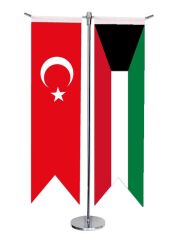 Masa Üstü Kırlangıç Kuveyt + Türk Bayrağı + Krom T Direk Masa Bayrak Seti