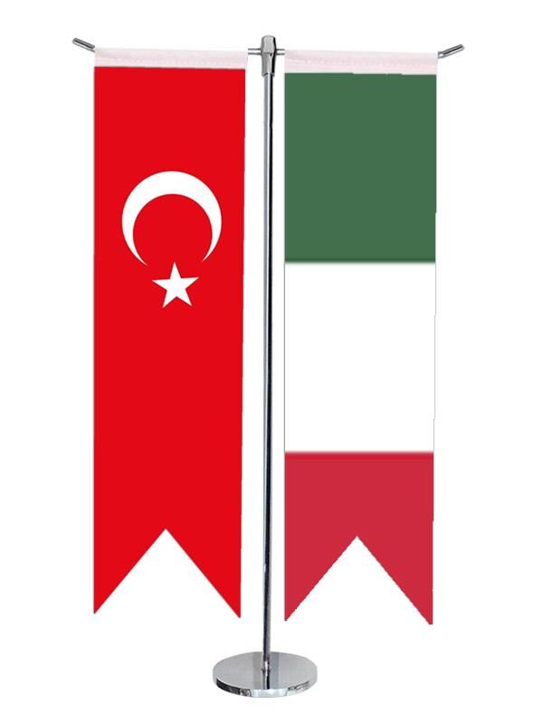 Masa Üstü Kırlangıç Macaristan + Türk Bayrağı + Krom T Direk Masa Bayrak Seti