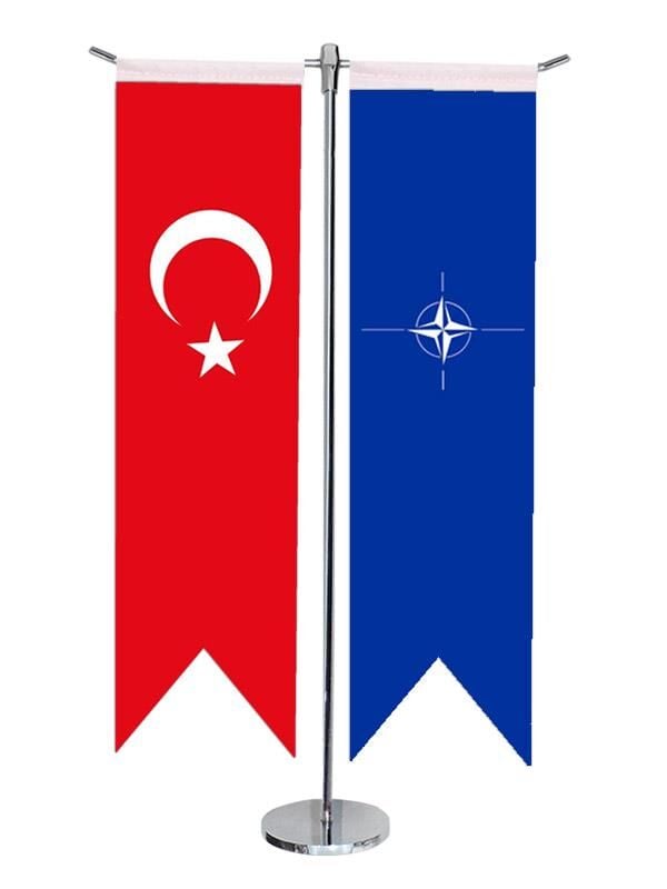 Masa Üstü Kırlangıç NATO + Türk Bayrağı + Krom T Direk Masa Bayrak Seti