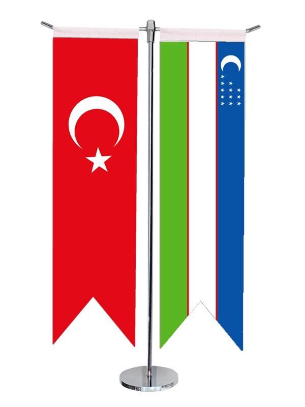 Masa Üstü Kırlangıç Özbekistan + Türk Bayrağı + Krom T Direk Masa Bayrak Seti
