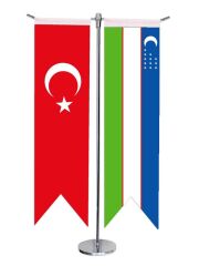 Masa Üstü Kırlangıç Özbekistan + Türk Bayrağı + Krom T Direk Masa Bayrak Seti