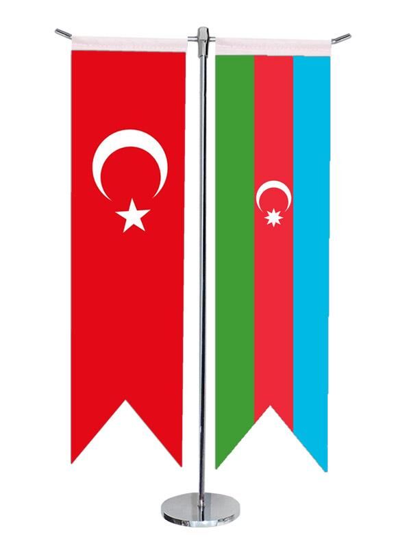 Masa Üstü Kırlangıç Azerbaycan + Türk Bayrağı + Krom T Direk Masa Bayrak Seti