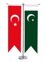 Masa Üstü Kırlangıç Pakistan + Türk Bayrağı + Krom T Direk Masa Bayrak Seti