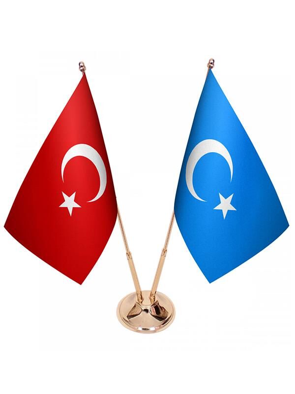 Masa Üstü Doğu Türkistan Bayrağı Türk Bayrağı İkili Pirinç Direk Masa Bayrak Seti