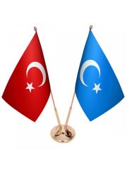Masa Üstü Doğu Türkistan Bayrağı Türk Bayrağı İkili Pirinç Direk Masa Bayrak Seti