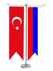 Masa Üstü Kırlangıç Rusya + Türk Bayrağı + Krom T Direk Masa Bayrak Seti