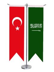 Masa Üstü Kırlangıç Suudi Arabistan + Türk Bayrağı + Krom T Direk Masa Bayrak Seti