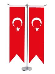Masa Üstü Kırlangıç İkili Türk Bayrağı + Krom T Direk Masa Bayrak Seti