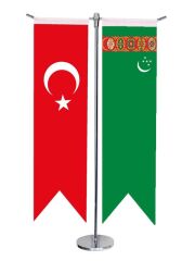 Masa Üstü Kırlangıç Türkmenistan + Türk Bayrağı + Krom T Direk Masa Bayrak Seti