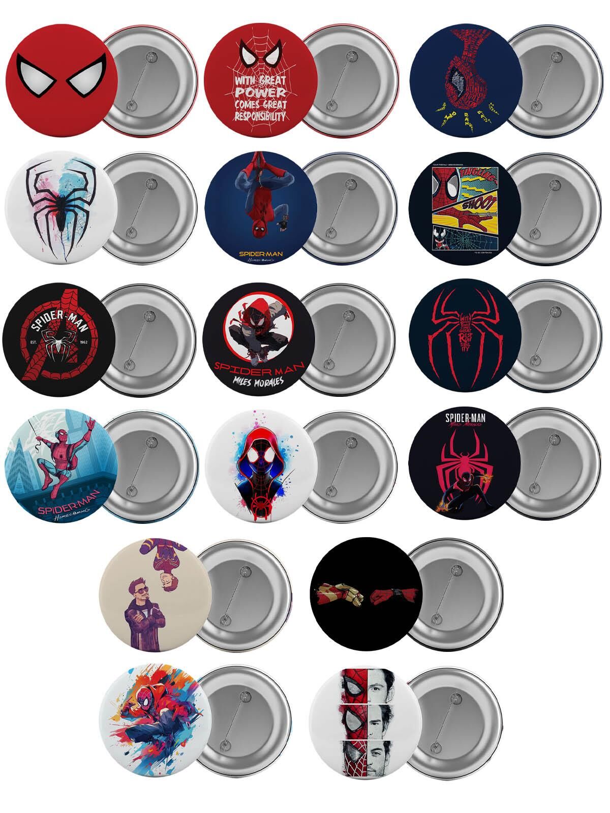 Spider Man Çanta Rozeti Seti 16 Adet Örümcek Adam En Büyük Boy 5.8cm İğneli Broş