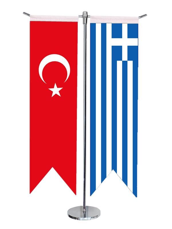 Masa Üstü Kırlangıç Yunanistan + Türk Bayrağı + Krom T Direk Masa Bayrak Seti
