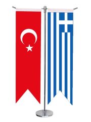Masa Üstü Kırlangıç Yunanistan + Türk Bayrağı + Krom T Direk Masa Bayrak Seti