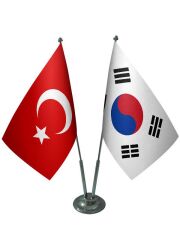 Masa Üstü Güney Kore Bayrağı Türk Bayrağı İkili Krom Direk Masa Bayrak Seti