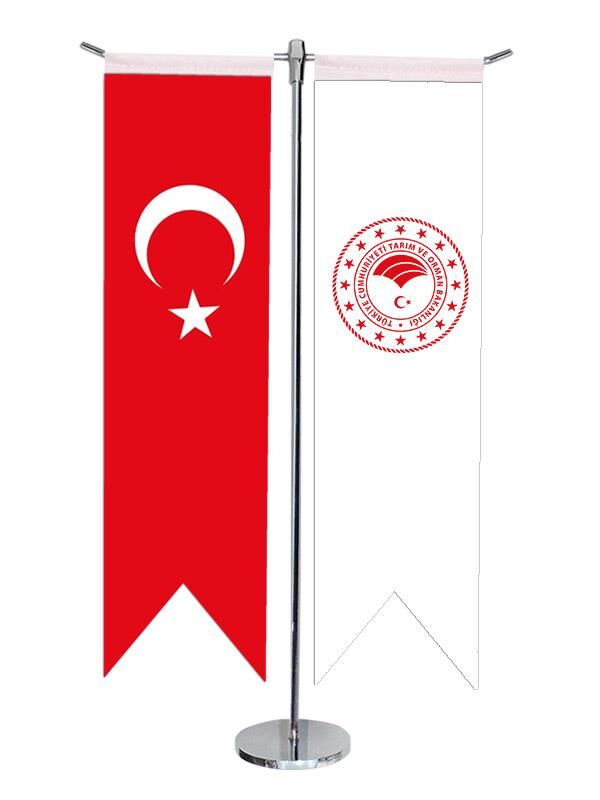 Masa Üstü Kırlangıç Tarım Bakanlığı + Türk Bayrağı + Krom T Direk Masa Bayrak Seti