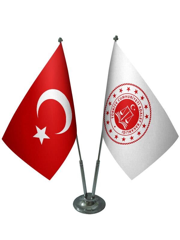 Masa Üstü Adalet Bakanlığı Bayrağı Türk Bayrağı İkili Krom Direk Masa Bayrak Seti