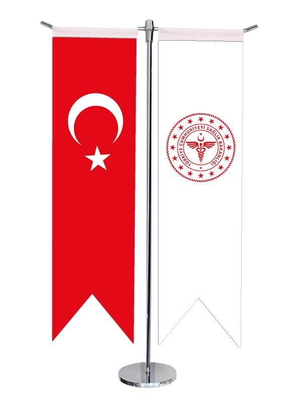 Masa Üstü Kırlangıç Sağlık Bakanlığı + Türk Bayrağı + Krom T Direk Masa Bayrak Seti