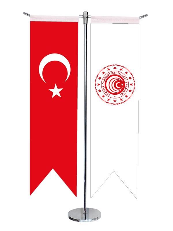 Masa Üstü Kırlangıç Ticaret Bakanlığı + Türk Bayrağı + Krom T Direk Masa Bayrak Seti