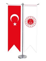 Masa Üstü Kırlangıç Adalet Bakanlığı + Türk Bayrağı + Krom T Direk Masa Bayrak Seti