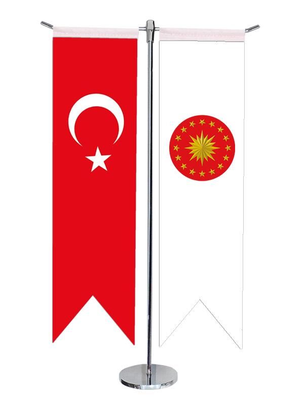 Masa Üstü Kırlangıç Cumhurbaşkanlığı + Türk Bayrağı + Krom T Direk Masa Bayrak Seti