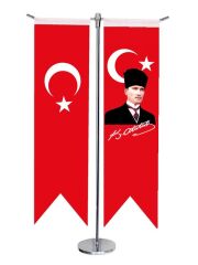 Masa Üstü Kırlangıç Atatürk+ Türk Bayrağı + Krom T Direk Masa Bayrak Seti