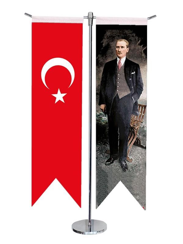 Masa Üstü Kırlangıç Atatürk + Türk Bayrağı + Krom T Direk Masa Bayrak Seti