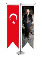 Masa Üstü Kırlangıç Atatürk + Türk Bayrağı + Krom T Direk Masa Bayrak Seti