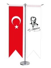 Masa Üstü Kırlangıç Atatürk İmzalı Masa + Türk Bayrağı + Krom T Direk Masa Bayrak Seti